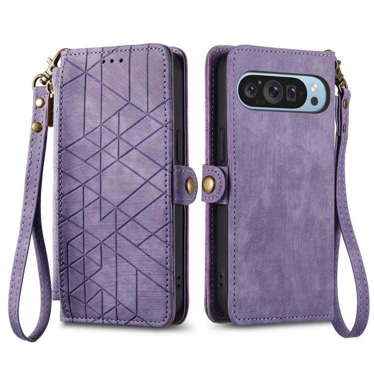 For Google Pixel 9 Geometric Zipper Wallet Side Buckle Leather Phone Case(Purple) - Google Cases by PMC TechLife | Online Shopping South Africa | PMC TechLife | Buy Now Pay Later Mobicred