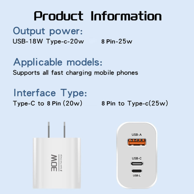 PD30W USB-C / Type-C + 8 Pin + USB Charger with Double Headed Type-C Data Cable(US Plug) - USB Charger by PMC TechLife | Online Shopping South Africa | PMC TechLife | Buy Now Pay Later Mobicred