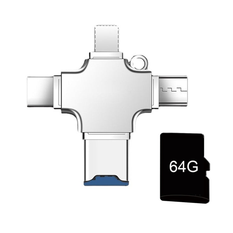 4 in 1 USB-C / Type-C  USB 2.0 + Micro USB + 8 Pin Adapter TF Card Reader, Memory Card:64GB(Sliver) - U Disk & Card Reader by PMC TechLife | Online Shopping South Africa | PMC TechLife | Buy Now Pay Later Mobicred