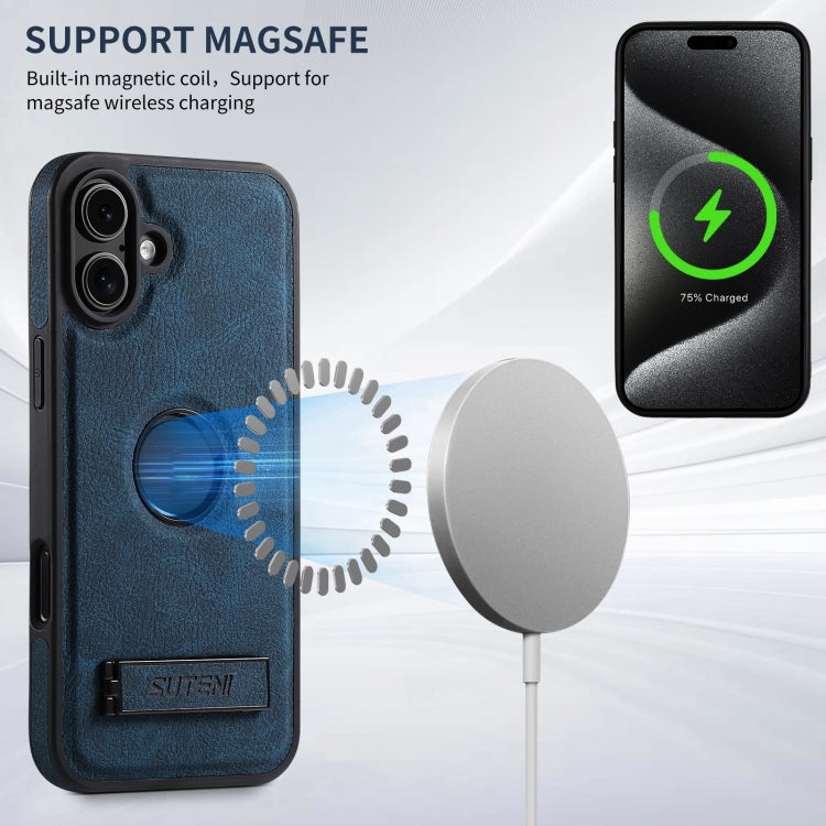 For iPhone 16 Suteni G2 Magsafe Litchi Texture Leather Back Phone Case with Holder(Blue) - free shipping - PMC Jewellery - Order now!