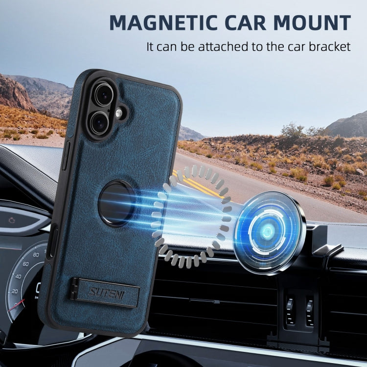 For iPhone 16 Suteni G2 Magsafe Litchi Texture Leather Back Phone Case with Holder(Blue) - free shipping - PMC Jewellery - Order now!