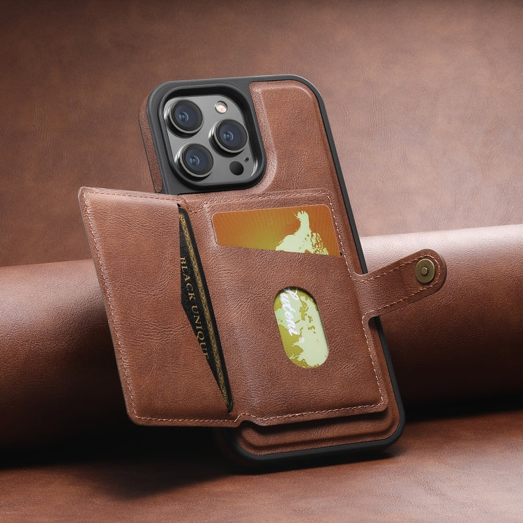 For iPhone 15 Plus Suteni M1 Oil Wax MagSafe Detachable Horizontal Card Bag Phone Case(Brown) - iPhone 15 Plus Cases by Suteni | Online Shopping South Africa | PMC Jewellery | Buy Now Pay Later Mobicred