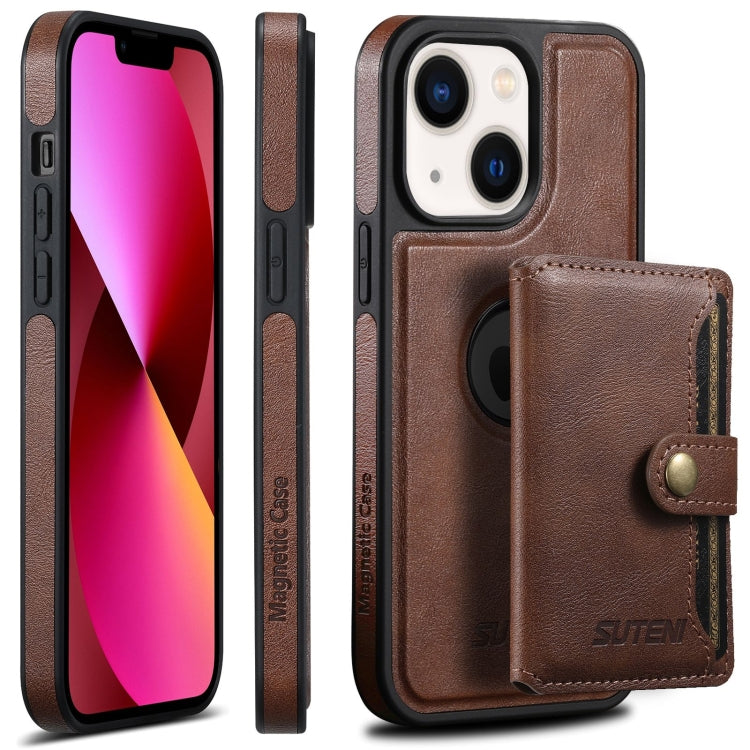 For iPhone 13 Suteni M1 Oil Wax MagSafe Detachable Horizontal Card Bag Phone Case(Brown) - iPhone 13 Cases by Suteni | Online Shopping South Africa | PMC Jewellery | Buy Now Pay Later Mobicred