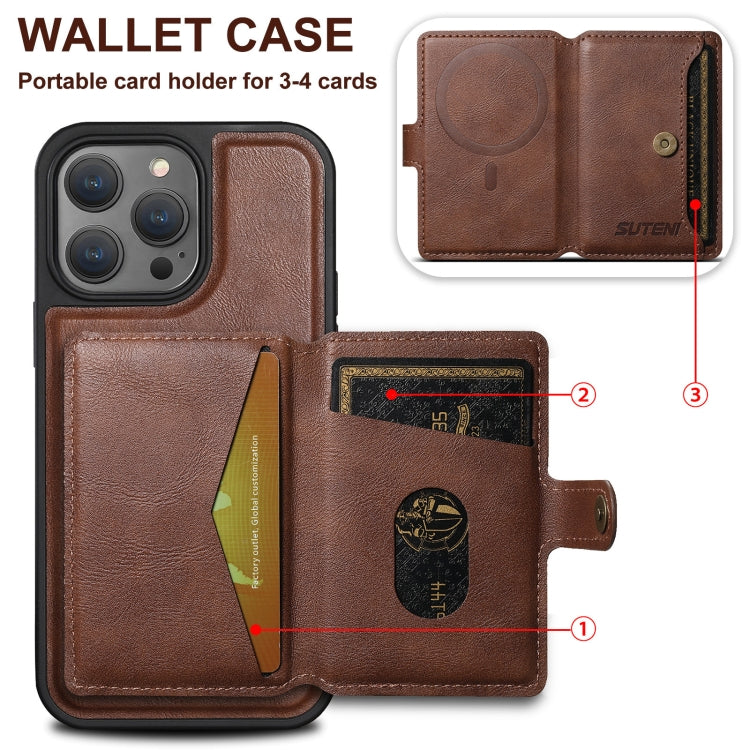 For iPhone 14 Pro Suteni M1 Oil Wax MagSafe Detachable Horizontal Card Bag Phone Case(Brown) - iPhone 14 Pro Cases by Suteni | Online Shopping South Africa | PMC Jewellery | Buy Now Pay Later Mobicred