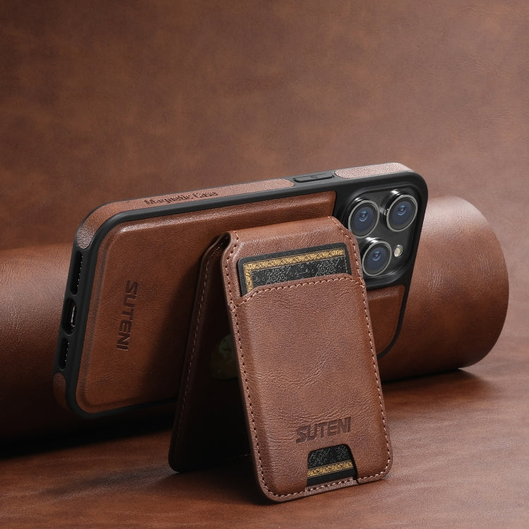 For iPhone 15 Pro Suteni M2 Oil Wax MagSafe Horizontal Card Bag Phone Case(Brown) - iPhone 15 Pro Cases by Suteni | Online Shopping South Africa | PMC Jewellery | Buy Now Pay Later Mobicred