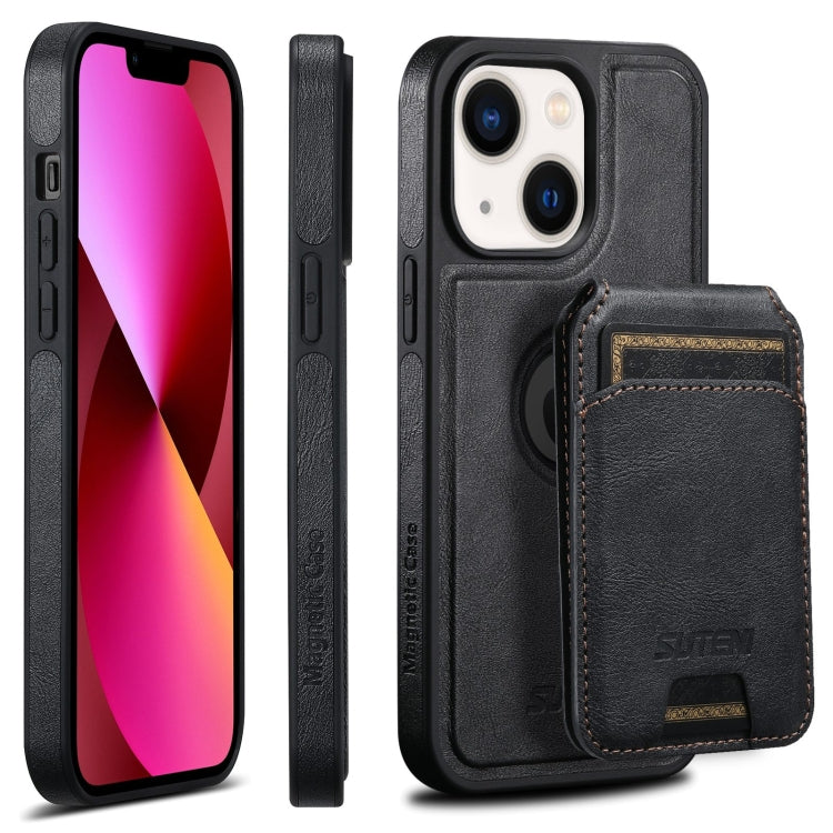 For iPhone 13 Suteni M2 Oil Wax MagSafe Horizontal Card Bag Phone Case(Black) - iPhone 13 Cases by Suteni | Online Shopping South Africa | PMC Jewellery | Buy Now Pay Later Mobicred