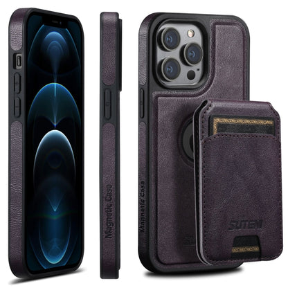 For iPhone 12 Pro Max Suteni M2 Oil Wax MagSafe Horizontal Card Bag Phone Case(Purple) - iPhone 12 Pro Max Cases by Suteni | Online Shopping South Africa | PMC Jewellery | Buy Now Pay Later Mobicred