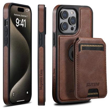 For iPhone 16 Pro Suteni M2 Oil Wax MagSafe Horizontal Card Bag Phone Case(Brown) - iPhone 16 Pro Cases by Suteni | Online Shopping South Africa | PMC Jewellery | Buy Now Pay Later Mobicred