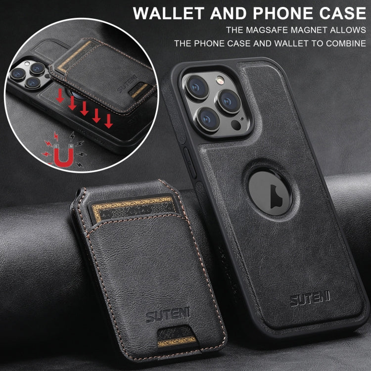 For iPhone 15 Suteni M2 Oil Wax MagSafe Horizontal Card Bag Phone Case(Black) - iPhone 15 Cases by Suteni | Online Shopping South Africa | PMC Jewellery | Buy Now Pay Later Mobicred