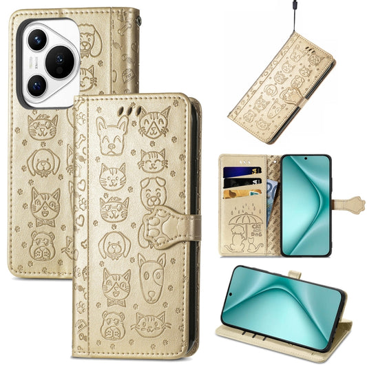 For Huawei Pura 70 Pro Cat and Dog Embossed Leather Phone Case(Gold) - Huawei Cases by PMC Jewellery | Online Shopping South Africa | PMC Jewellery | Buy Now Pay Later Mobicred