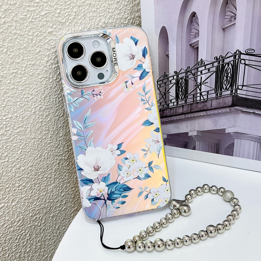 For iPhone 16 Pro Electroplating Laser Flower Phone Case with Wrist Strap(White Flower AH10) - iPhone 16 Pro Cases by PMC Jewellery | Online Shopping South Africa | PMC Jewellery | Buy Now Pay Later Mobicred