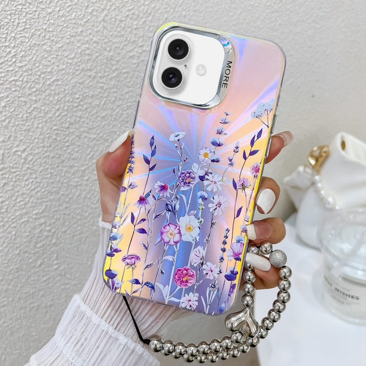 For iPhone 16 Electroplating Laser Flower Phone Case with Wrist Strap(Flower AH1) - iPhone 16 Cases by PMC Jewellery | Online Shopping South Africa | PMC Jewellery | Buy Now Pay Later Mobicred