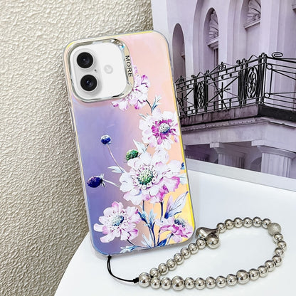 For iPhone 16 Electroplating Laser Flower Phone Case with Wrist Strap(Zinnia AH9) - iPhone 16 Cases by PMC Jewellery | Online Shopping South Africa | PMC Jewellery | Buy Now Pay Later Mobicred