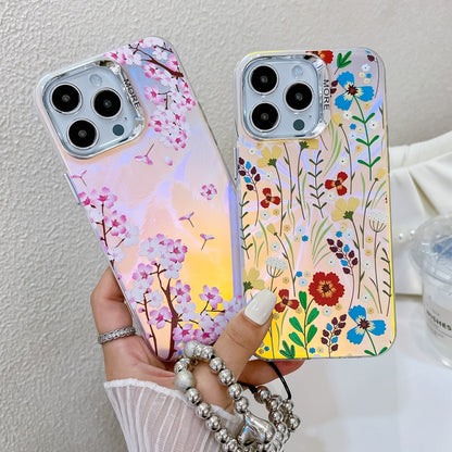 For iPhone 16 Electroplating Laser Flower Phone Case with Wrist Strap(Leaves AH12) - iPhone 16 Cases by PMC Jewellery | Online Shopping South Africa | PMC Jewellery | Buy Now Pay Later Mobicred