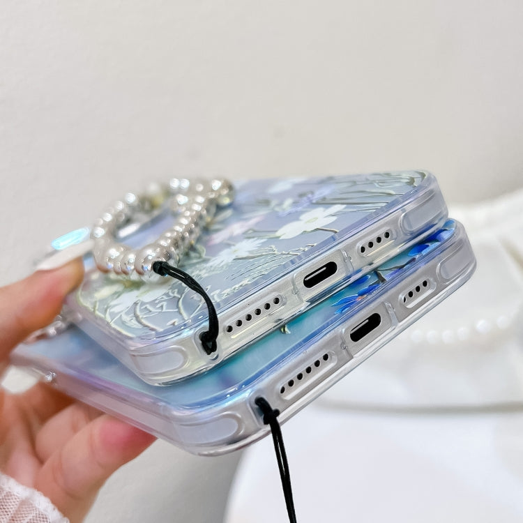 For iPhone 16 Electroplating Laser Flower Phone Case with Wrist Strap(Peony AH11) - iPhone 16 Cases by PMC TechLife | Online Shopping South Africa | PMC TechLife | Buy Now Pay Later Mobicred