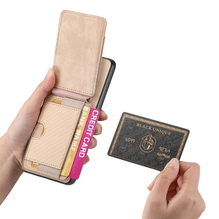 For OnePlus Nord CE3 Carbon Fiber Vertical Flip Wallet Stand Phone Case(Khaki) - OnePlus Cases by PMC TechLife | Online Shopping South Africa | PMC TechLife | Buy Now Pay Later Mobicred