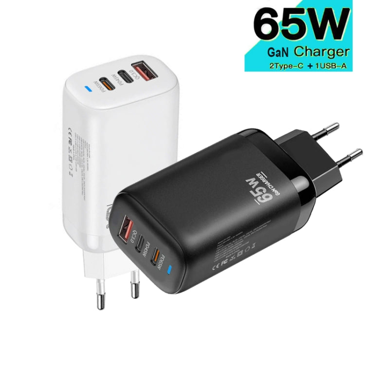 TE-65W GaN PD65W Dual USB-C+USB-A Laptop / Tablet Adapter，EU Plug(Black) - USB Charger by PMC Jewellery | Online Shopping South Africa | PMC Jewellery | Buy Now Pay Later Mobicred