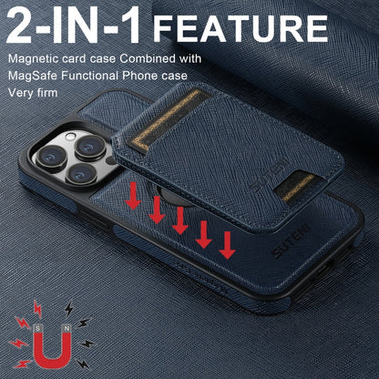 For iPhone 15 Pro Max Suteni M2 Cross-Grain MagSafe Vertical Card Back Phone Case(Blue) - iPhone 15 Pro Max Cases by Suteni | Online Shopping South Africa | PMC Jewellery | Buy Now Pay Later Mobicred