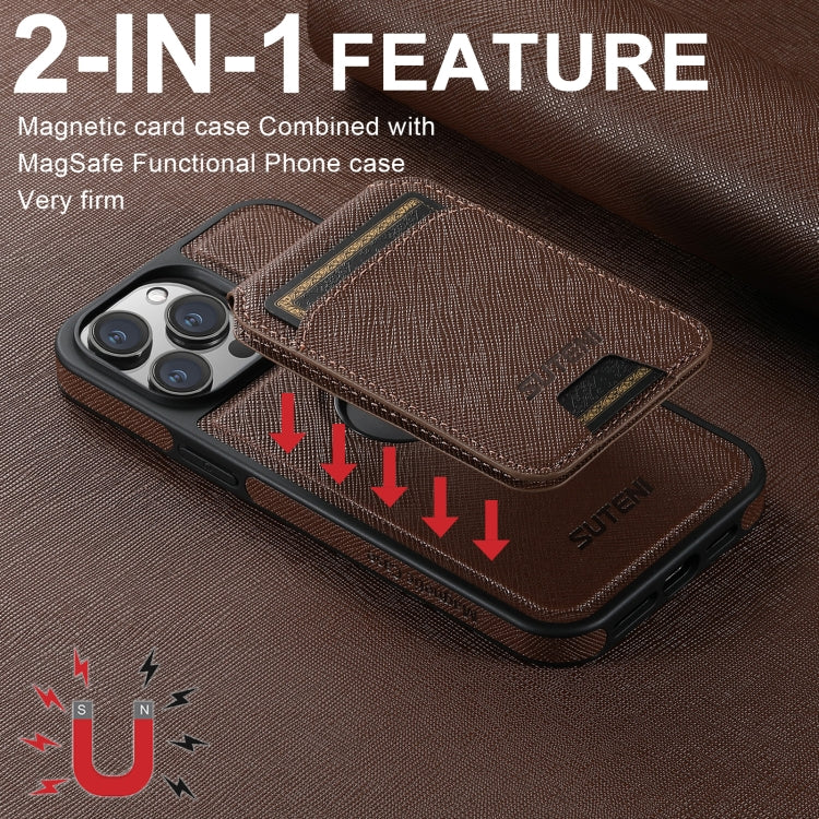 For iPhone 12 Pro Max Suteni M2 Cross-Grain MagSafe Vertical Card Back Phone Case(Brown) - free shipping - PMC Jewellery - Order now!