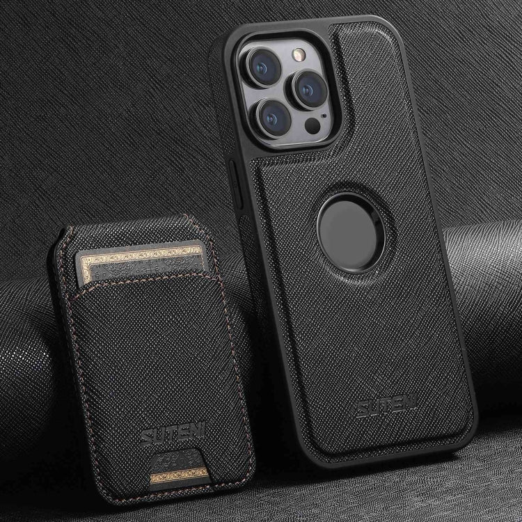 For iPhone 12 Pro Suteni M2 Cross-Grain MagSafe Vertical Card Back Phone Case(Black) - iPhone 12 / 12 Pro Cases by Suteni | Online Shopping South Africa | PMC Jewellery | Buy Now Pay Later Mobicred