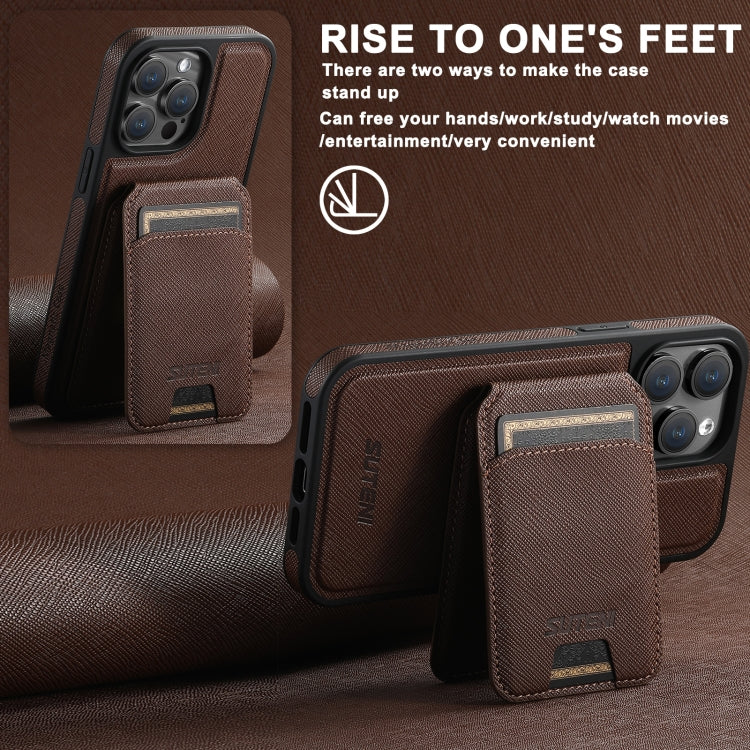 For iPhone 16 Pro Suteni M2 Cross-Grain MagSafe Vertical Card Back Phone Case(Brown) - iPhone 16 Pro Cases by Suteni | Online Shopping South Africa | PMC Jewellery | Buy Now Pay Later Mobicred