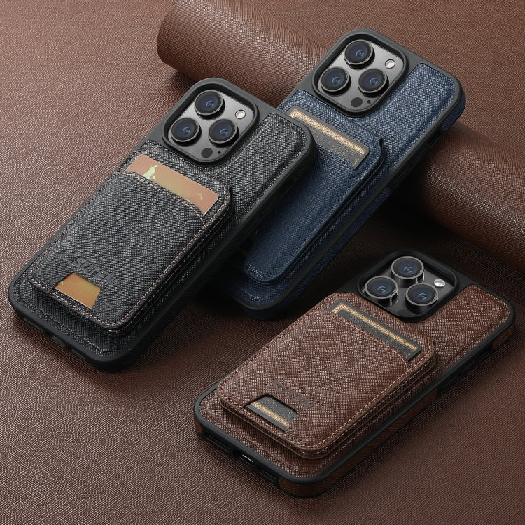 For iPhone 14 Pro Suteni M2 Cross-Grain MagSafe Vertical Card Back Phone Case(Blue) - free shipping - PMC Jewellery - Order now!