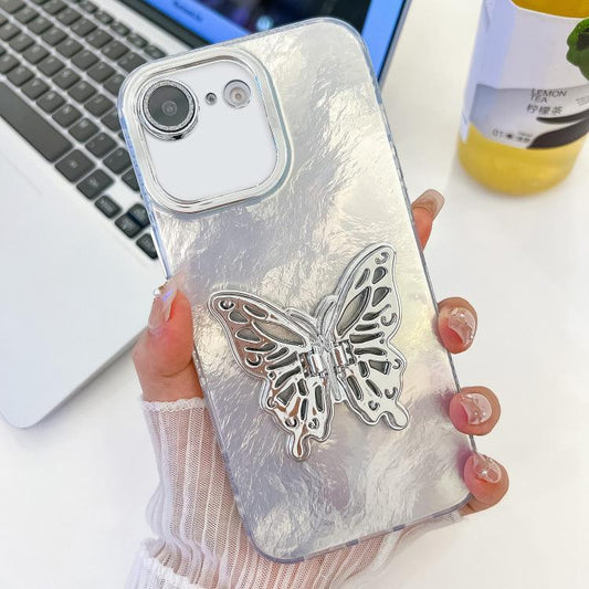 For iPhone 16e Plating Glitter Texture Butterfly Holder TPU Phone Case with Lens Film(White Tinfoil Texture) - iPhone 16e Cases by PMC Jewellery | Online Shopping South Africa | PMC Jewellery | Buy Now Pay Later Mobicred