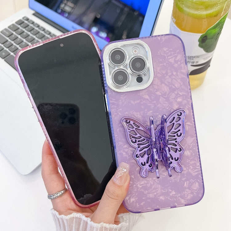 For iPhone 16 Plus Plating Glitter Texture Butterfly Holder TPU Phone Case with Lens Film(Purple Water Ripples) - iPhone 16 Plus Cases by PMC Jewellery | Online Shopping South Africa | PMC Jewellery | Buy Now Pay Later Mobicred