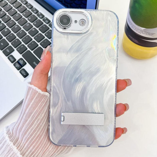 For iPhone 16e Plating Glitter Texture Fold Holder TPU Phone Case with Lens Film(White Feather Yarn) - iPhone 16e Cases by PMC Jewellery | Online Shopping South Africa | PMC Jewellery | Buy Now Pay Later Mobicred