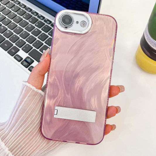 For iPhone 16e Plating Glitter Texture Fold Holder TPU Phone Case with Lens Film(Pink Feather Yarn) - iPhone 16e Cases by PMC Jewellery | Online Shopping South Africa | PMC Jewellery | Buy Now Pay Later Mobicred