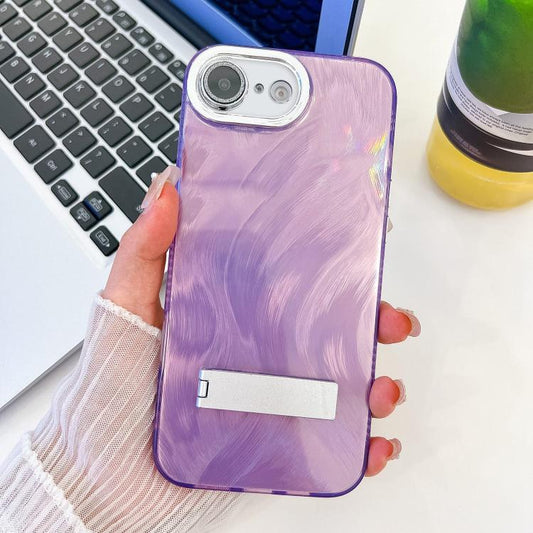 For iPhone 16e Plating Glitter Texture Fold Holder TPU Phone Case with Lens Film(Purple Feather Yarn) - iPhone 16e Cases by PMC Jewellery | Online Shopping South Africa | PMC Jewellery | Buy Now Pay Later Mobicred