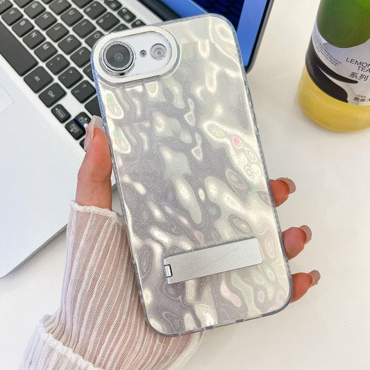 For iPhone 16e Plating Glitter Texture Fold Holder TPU Phone Case with Lens Film(White Wrinkles) - iPhone 16e Cases by PMC Jewellery | Online Shopping South Africa | PMC Jewellery | Buy Now Pay Later Mobicred