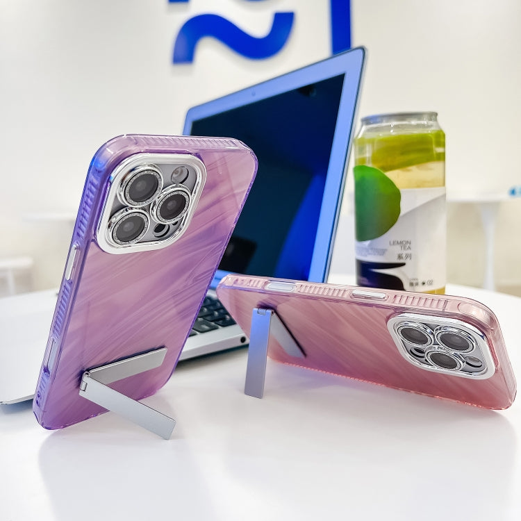 For iPhone 16e Plating Glitter Texture Fold Holder TPU Phone Case with Lens Film(Purple Feather Yarn) - iPhone 16e Cases by PMC TechLife | Online Shopping South Africa | PMC TechLife | Buy Now Pay Later Mobicred