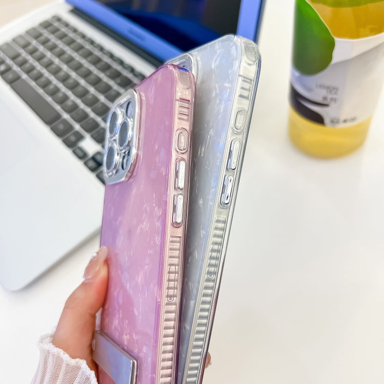 For iPhone 16e Plating Glitter Texture Fold Holder TPU Phone Case with Lens Film(White Shell Pattern) - iPhone 16e Cases by PMC TechLife | Online Shopping South Africa | PMC TechLife | Buy Now Pay Later Mobicred
