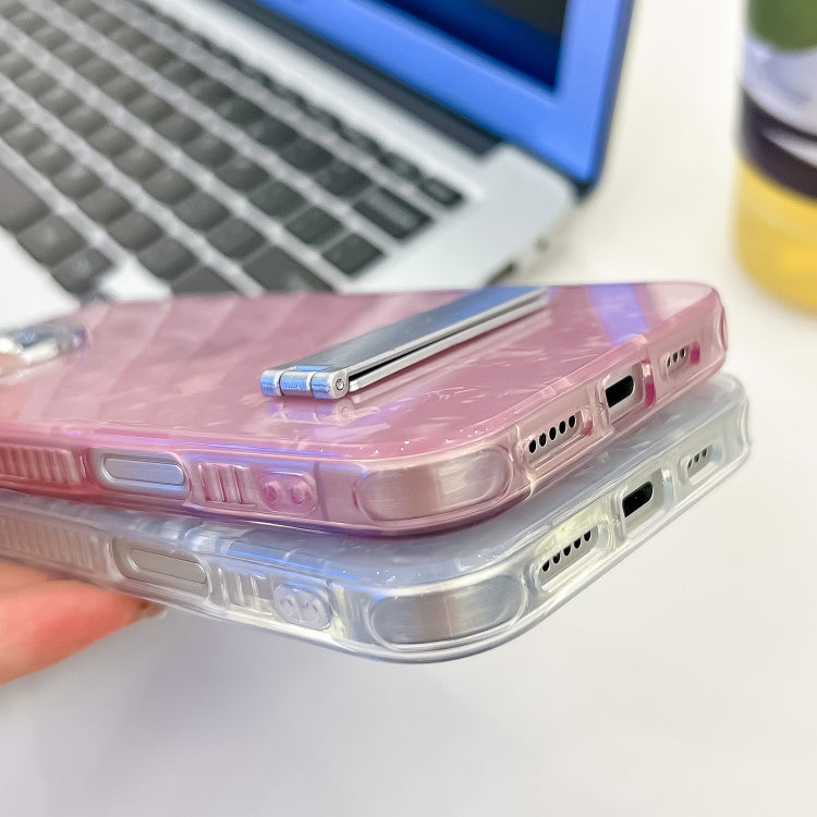 For iPhone 16 Plating Glitter Texture Fold Holder TPU Phone Case with Lens Film(White Tinfoil Texture) - iPhone 16 Cases by PMC TechLife | Online Shopping South Africa | PMC TechLife | Buy Now Pay Later Mobicred