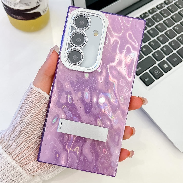 For Samsung Galaxy S25 5G Plating Glitter Texture Fold Holder TPU Phone Case with Lens Film(Purple Wrinkles) - Galaxy S25 5G Cases by PMC Jewellery | Online Shopping South Africa | PMC Jewellery | Buy Now Pay Later Mobicred