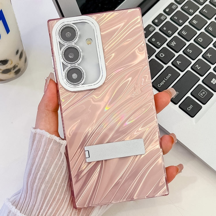 For Samsung Galaxy S25+ 5G Plating Glitter Texture Fold Holder TPU Phone Case with Lens Film(Pink Water Ripples) - Galaxy S25+ 5G Cases by PMC Jewellery | Online Shopping South Africa | PMC Jewellery | Buy Now Pay Later Mobicred