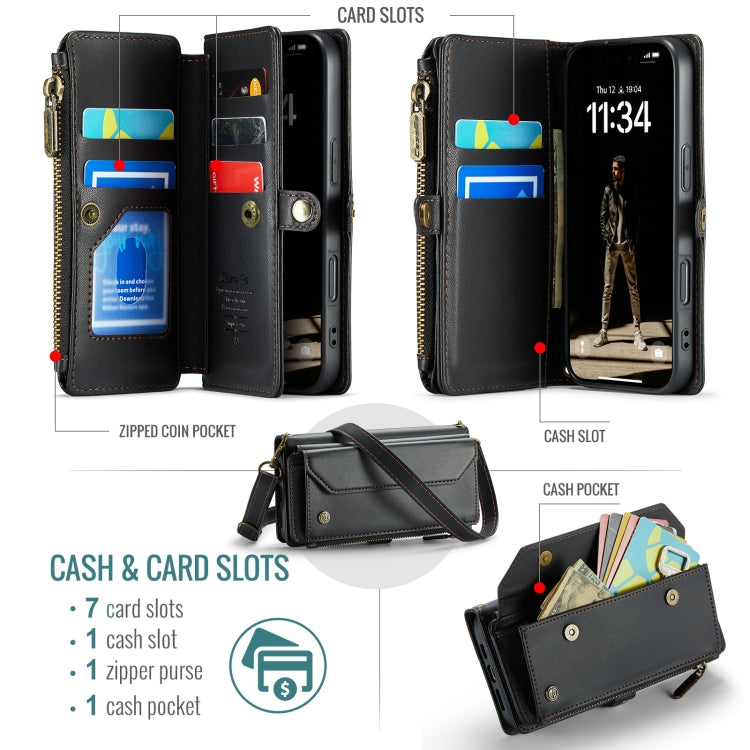 For iPhone 16 CaseMe C36 Card Slots Zipper Wallet RFID Anti-theft Leather Phone Case(Black) - iPhone 16 Cases by CaseMe | Online Shopping South Africa | PMC Jewellery | Buy Now Pay Later Mobicred