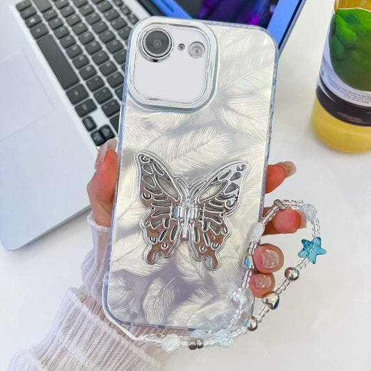 For iPhone 16e Plating Glitter Lens Film Texture Butterfly Holder Wristband Phone Case(White Feathers) - iPhone 16e Cases by PMC Jewellery | Online Shopping South Africa | PMC Jewellery | Buy Now Pay Later Mobicred