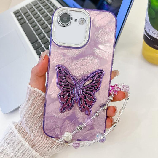 For iPhone 16e Plating Glitter Lens Film Texture Butterfly Holder Wristband Phone Case(Purple Feathers) - iPhone 16e Cases by PMC Jewellery | Online Shopping South Africa | PMC Jewellery | Buy Now Pay Later Mobicred