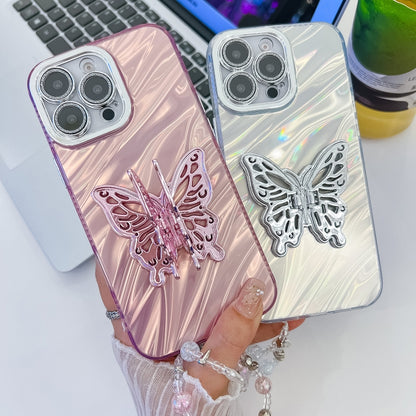 For iPhone 16 Pro Max Plating Glitter Lens Film Texture Butterfly Holder Wristband Phone Case(White Water Ripples) - iPhone 16 Pro Max Cases by PMC Jewellery | Online Shopping South Africa | PMC Jewellery | Buy Now Pay Later Mobicred