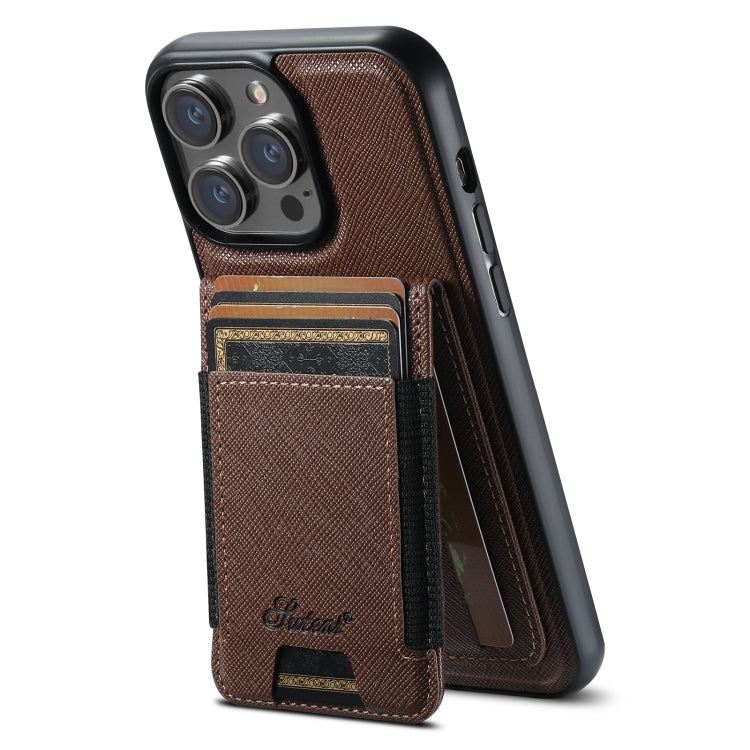 For iPhone 16 Pro Suteni H17 Cross Grain Leather MagSafe Detachable Wallet Phone Case(Brown) - iPhone 16 Pro Cases by Suteni | Online Shopping South Africa | PMC Jewellery | Buy Now Pay Later Mobicred