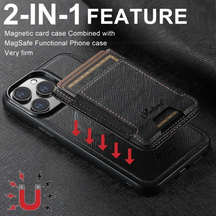 For iPhone 15 Suteni H17 Cross Grain Leather MagSafe Detachable Wallet Phone Case(Black) - iPhone 15 Cases by Suteni | Online Shopping South Africa | PMC Jewellery | Buy Now Pay Later Mobicred