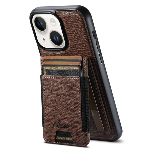 For iPhone 14 Plus Suteni H17 Cross Grain Leather MagSafe Detachable Wallet Phone Case(Brown) - iPhone 14 Plus Cases by Suteni | Online Shopping South Africa | PMC Jewellery | Buy Now Pay Later Mobicred