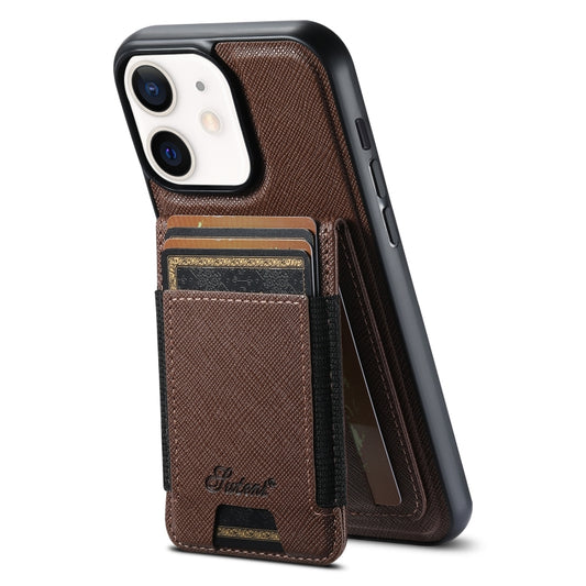 For iPhone 12 Suteni H17 Cross Grain Leather MagSafe Detachable Wallet Phone Case(Brown) - iPhone 12 / 12 Pro Cases by Suteni | Online Shopping South Africa | PMC Jewellery | Buy Now Pay Later Mobicred