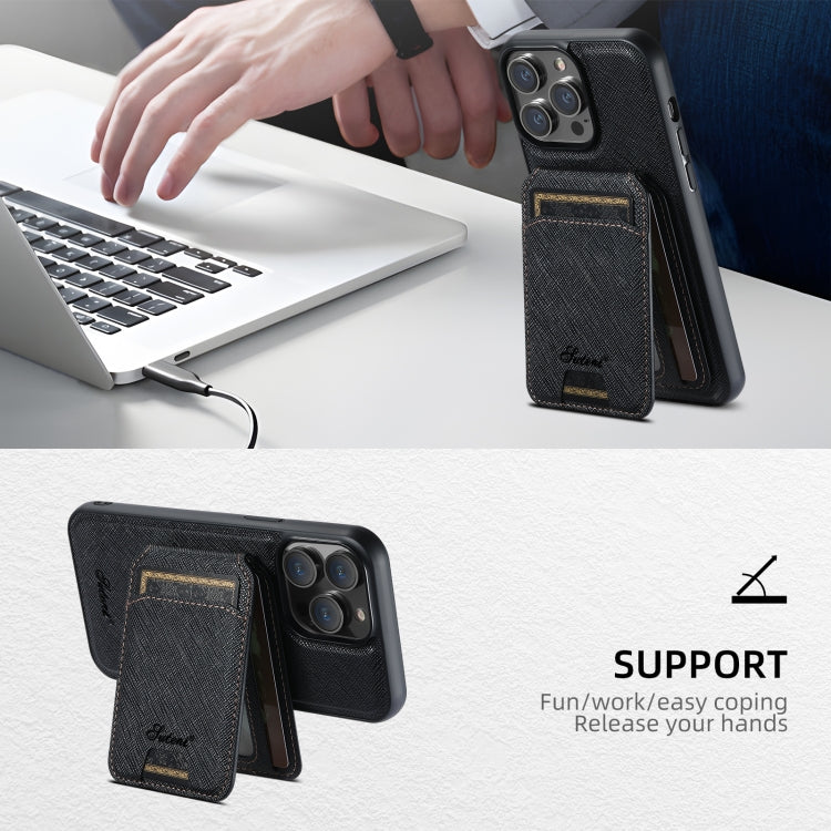 For iPhone 16 Plus Suteni H18 Cross Grain MagSafe Wallet Leather Phone Case(Black) - free shipping - PMC Jewellery - Order now!