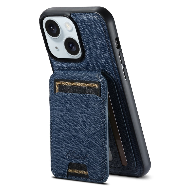 For iPhone 15 Plus Suteni H18 Cross Grain MagSafe Wallet Leather Phone Case(Blue) - iPhone 15 Plus Cases by Suteni | Online Shopping South Africa | PMC Jewellery | Buy Now Pay Later Mobicred