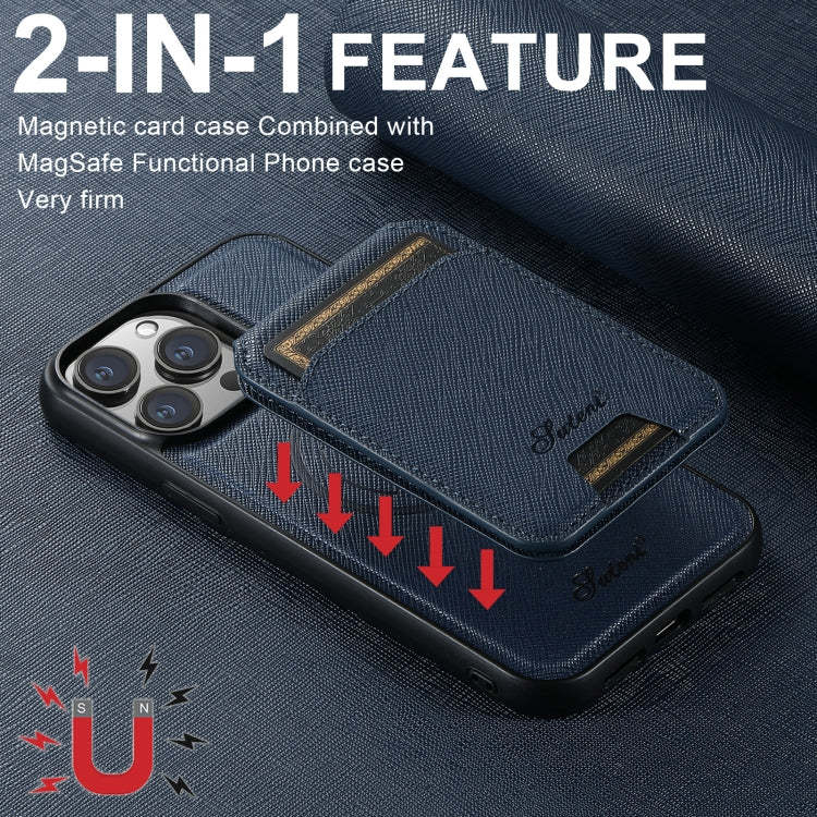 For iPhone 14 Pro Max Suteni H18 Cross Grain MagSafe Wallet Leather Phone Case(Blue) - iPhone 14 Pro Max Cases by Suteni | Online Shopping South Africa | PMC Jewellery | Buy Now Pay Later Mobicred