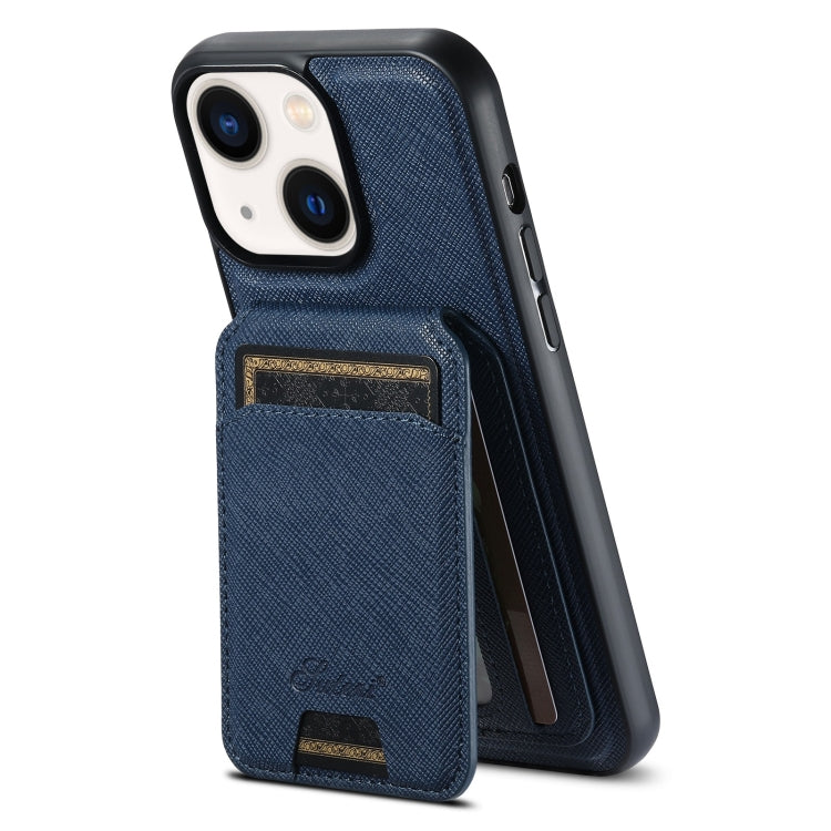 For iPhone 14 Plus Suteni H18 Cross Grain MagSafe Wallet Leather Phone Case(Blue) - iPhone 14 Plus Cases by Suteni | Online Shopping South Africa | PMC Jewellery | Buy Now Pay Later Mobicred