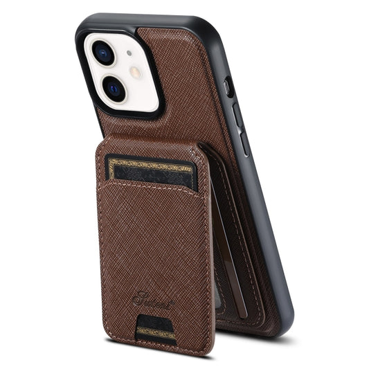 For iPhone 12 Suteni H18 Cross Grain MagSafe Wallet Leather Phone Case(Brown) - iPhone 12 / 12 Pro Cases by Suteni | Online Shopping South Africa | PMC Jewellery | Buy Now Pay Later Mobicred